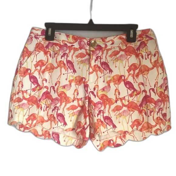 Pappagallo Shorts Women's Size 6 Orange Tropical Flamingo Print Scalloped Hem - Picture 1 of 9